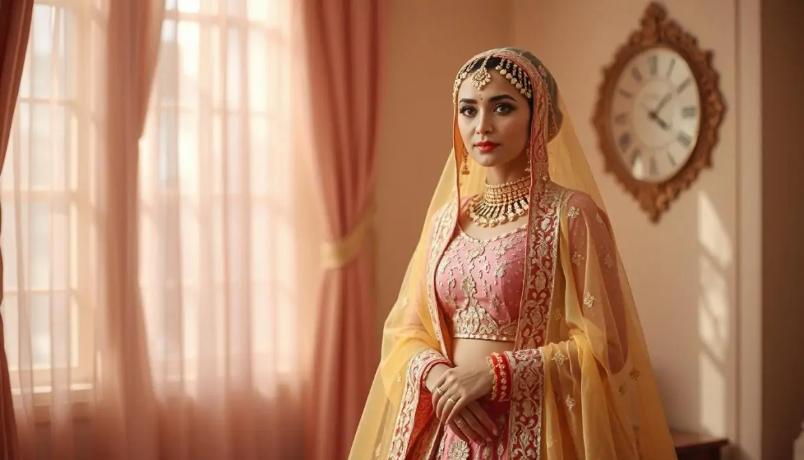 Shaded Pink-Yellow Lehenga with Cut Dana & Dabka Embroidery