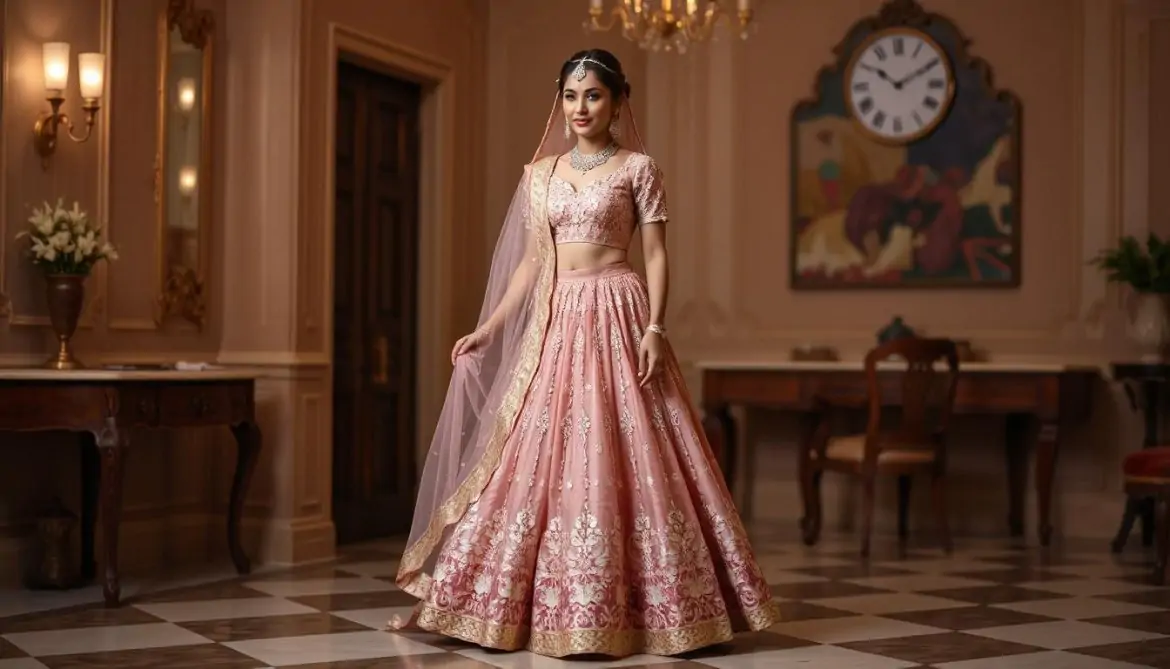 Light Pink Net Lehenga with Beautiful Beads & Thread Work