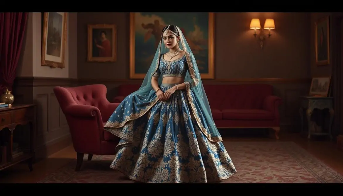 Denim Blue Raw Silk Lehenga with Rich Thread Work & Zardosi